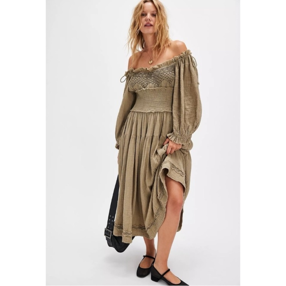 Free People Bohemian Witchy Gypsy Midi Maxi Gauze Dress Olive Large Renaissance